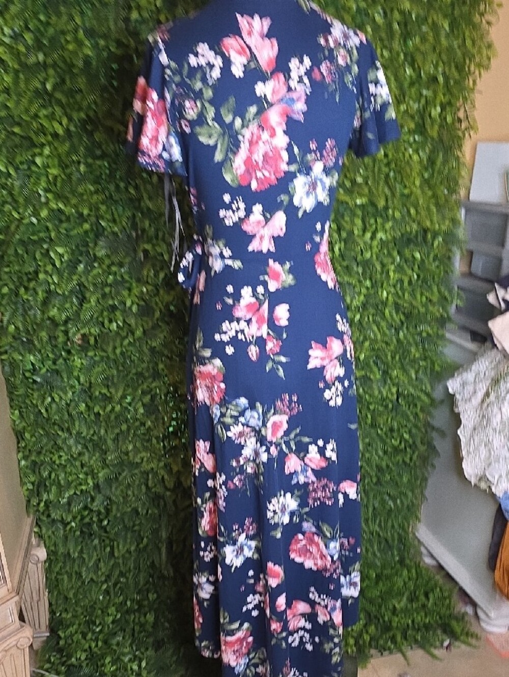 A. Byer Navy Floral Wrap Midi Dress with Pink & Green Bloom - Picture 7 of 7